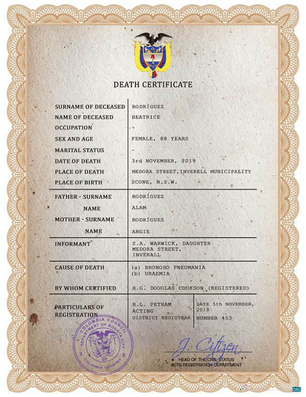 Download Colombia vital record death certificate PSD template Photoshop template